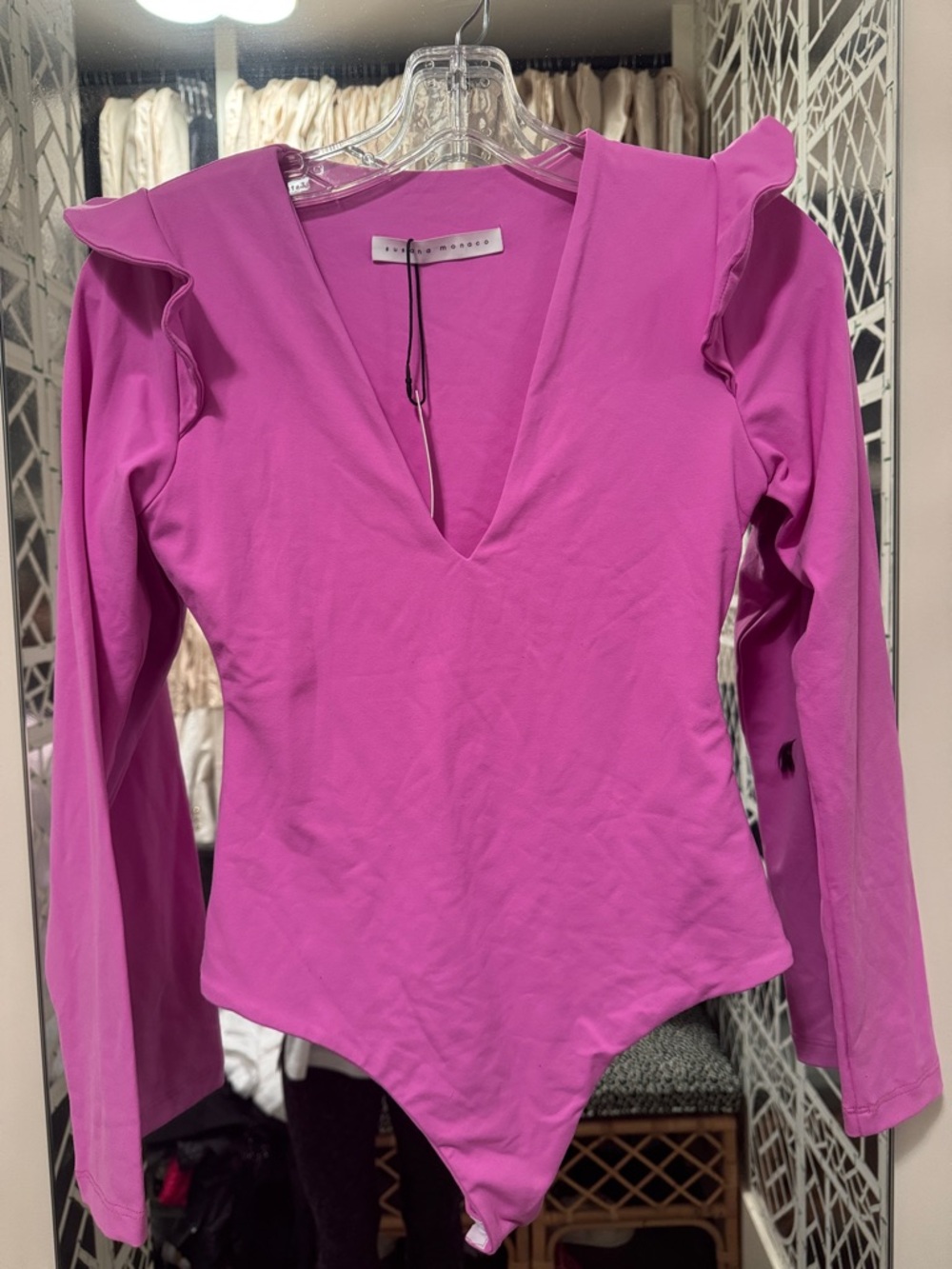 Susana Monaco Hot Pink V-Neck Ruffle Shoulder Long-Sleeve Bodysuit